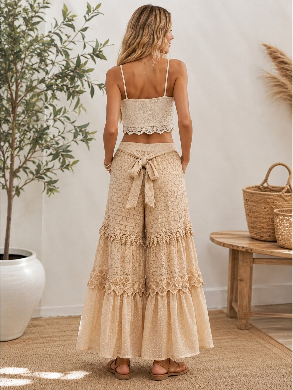 YOUNG THREADS Desert Dream Cloud Lace Wide Leg Pants Natural NWT Small - Picture 4 of 6